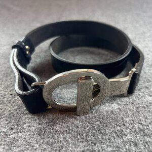 Vintage Ibel Womens Belt Italy Hook Loop Black Leather Silver Tone Medium